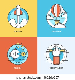 Modern flat color line designed concepts icons for Startup, Discover, Mission and Achievement. Can be used for Web Project and Applications. Vector Illustration