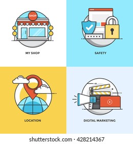 Modern flat color line designed concepts icons for My Shop, Safety, Location and Digital Marketing. Can be used for Web Project and Applications. Vector Illustration