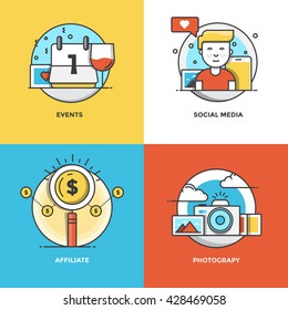 Modern flat color line designed concepts icons for Events, Social Media, Affiliate and Photograpy. Can be used for Web Project and Applications. Vector Illustration