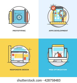 Modern flat color line designed concepts icons for Prototyping, Apps Development, Responsive Design and Web Optimization. Can be used for Web Project and Applications. Vector Illustration