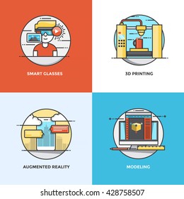 Modern flat color line designed concepts icons for Smart Glasses, 3d Printing, Augmented Reality and Modeling. Can be used for Web Project and Applications. Vector Illustration