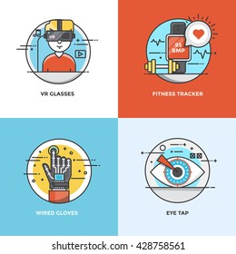 Modern flat color line designed concepts icons for VR Glasses, Fitness Tracker, Wired Gloves and Eye Tap. Can be used for Web Project and Applications. Vector Illustration