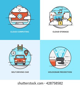 Moderna línea de color plano diseñó los conceptos iconos para cloud computing, almacenamiento en clústeres, auto-conducción y proyección de holograma. Se puede utilizar para proyectos Web y aplicaciones. Ilustración vectorial