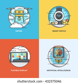 Modern flat color line designed concepts icons for Drone, Smart Watch, Flexible Display and Artificial Intelligence. Vector Illustration