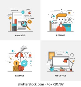 Modern flat color line designed concepts icons for Analysis, Resume, Savings and My Office. Can be used for Web Project and Mobile Platforms. Vector Illustration