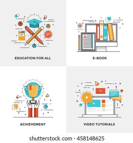 Modern flat color line designed concepts icons for Education for all, Ebook, Achievement and Video Tutorials. Can be used for Web Project and Mobile Platforms. Vector Illustration