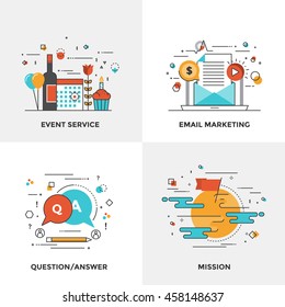 Modern flat color line designed concepts icons for Event Service, Email Marketing, Question and Answer and Mission. Can be used for Web Project and Mobile Platforms. Vector Illustration