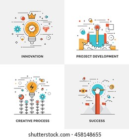 Modern flat color line designed concepts icons for Innovation, Project Development, Creative Process and Success. Can be used for Web Project and Mobile Platforms. Vector Illustration