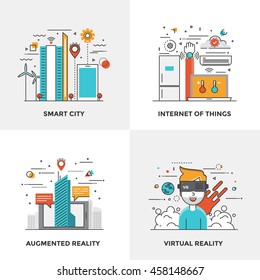 Modern flat color line designed concepts icons for Smart City, Internet of Things, Augmented Reality and Virtual Reality. Can be used for Web Project and Mobile Platforms. Vector Illustration