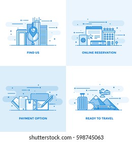 Modern Flat Color Line Designed Concepts Icons For Find Us, Online Reservation, Payment Option And Ready To Travel. Can Be Used For Web Project And Applications. Vector Illustration