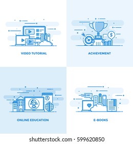 Modern flat color line designed concepts icons for Video Tutorial, Achievement, Online Education and E Books. Can be used for Web Project and Applications. Vector Illustration