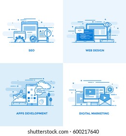 Modern flat color line designed concepts icons for Seo, Web Design, Apps Development and Digital Marketing. Can be used for Web Project and Applications. Vector Illustration