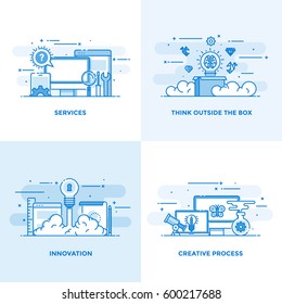 Modern flat color line designed concepts icons for Services, Think Outside the Box, Innovation and Creative Process. Can be used for Web Project and Applications. Vector Illustration