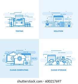 Modern flat color line designed concepts icons for Testing, Solution, Cloud Computing and Cloud Storage. Can be used for Web Project and Applications. Vector Illustration