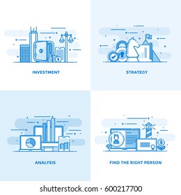 Modern flat color line designed concepts icons for Investment, Strategy, Analysis and Find the Right Person. Can be used for Web Project and Applications. Vector Illustration