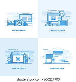 Modern flat color line designed concepts icons for Photography, Graphic Design, Power Tools and Brand Design. Can be used for Web Project and Applications. Vector Illustration