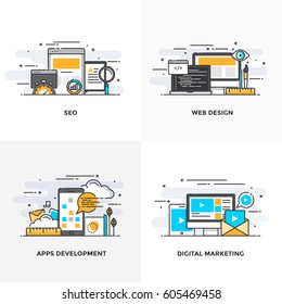 Modern flat color line designed concepts icons for Seo, Web Design, Apps Development and Digital Marketing. Can be used for Web Project and Applications. Vector Illustration