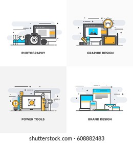 Modern flat color line designed concepts icons for Photography, Graphic Design, Power Tools and Brand Design. Can be used for Web Project and Applications. Vector Illustration