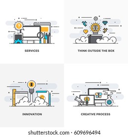 Modern flat color line designed concepts icons for Services, Think Outside the Box, Innovation and Creative Process. Can be used for Web Project and Applications. Vector Illustration