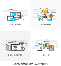 Modern flat color line designed concepts icons for Video Tutorial, Achievement, Online Education and E Books. Can be used for Web Project and Applications. Vector Illustration