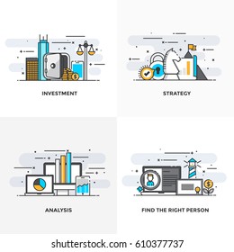 Modern flat color line designed concepts icons for Investment, Strategy, Analysis and Find the Right Person. Can be used for Web Project and Applications. Vector Illustration