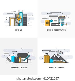 Modern flat color line designed concepts icons for Find us, Online Reservation, Payment Option and Ready to Travel. Can be used for Web Project and Applications. Vector Illustration