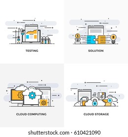 Modern flat color line designed concepts icons for Testing, Solution, Cloud Computing and Cloud Storage. Can be used for Web Project and Applications. Vector Illustration