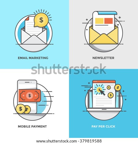 Modern flat color line designed concepts icons for Email Marketing, Newsletter, Mobile Payment and Pay Per Click. Can be used for Web Project and Applications. Vector Illustration