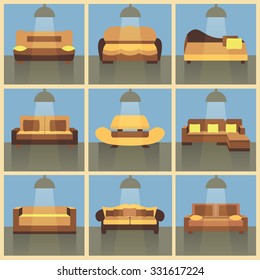 Modern flat color sofa icons vector set with long shadow effect.