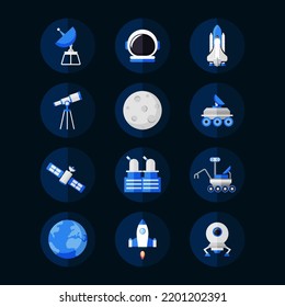 Modern flat color of space research technology icons set. Outline set of space research technology vector icons for web design. Space bundle in cartoon style. Vector eps 10.