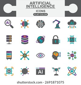 Modern flat color vector icons representing Artificial Intelligence (AI) technology. Features bold graphics for big data, neural networks, automation, cloud, and deep learning concepts.