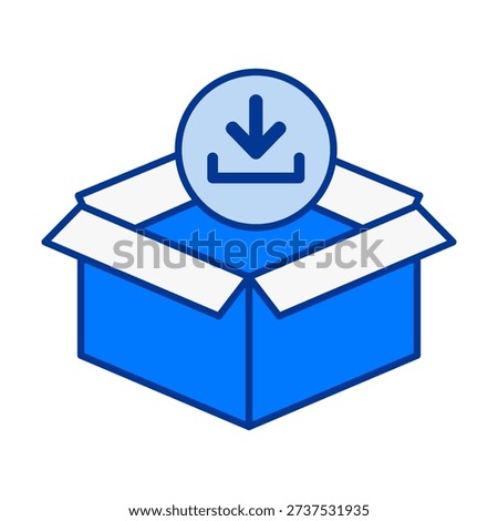 Modern flat colored icon featuring package delivery box with download symbol representing shipment data retrieval, logistics report access and ecommerce tracking information system.