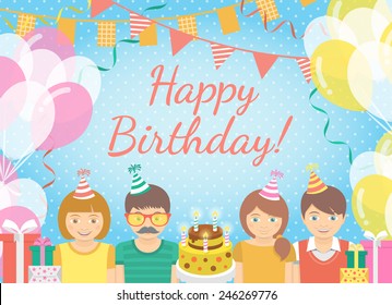 Modern flat colorful vector birthday party background with group of kids in festive caps and balloons, garlands, flags, streamers, gifts. Holiday illustration. Birthday greeting or invitation card