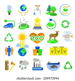 Modern flat colorful vector ecology icons, including alternative energy sources, environmental issues, conservation of natural resources and the influence of human on the planet. Isolated on white.