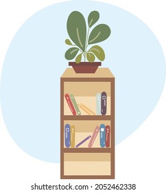 Moderna ilustración vectorial de color plano de la estantería de libros con libros y plantas sobre ella. Decoración del hogar estante de la biblioteca.