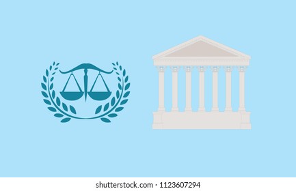 Modern Flat Commercial Government Office Building, Suitable for Diagrams, Infographics, Illustration, And Other Graphic Related Assets - Court House.World Social Justice Day, lawyer scales and ribbon 