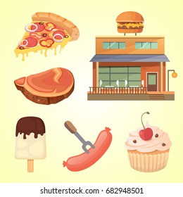 Modern Flat Commercial Restaurant Building Illustration - Burger House. Fast food shop.