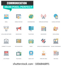 Modern flat communication and connectivity icons set for website and mobile site and apps. Contains such Icons as Megaphone, Mobile, Social. 48x48 Pixel Perfect. Editable Stroke. Vector illustration.
