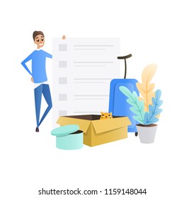 Modern Flat Composition Of The To-Do List. Cartoon Character And Things For Relocation. Concept For Your Web Design.