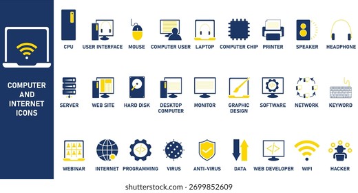 Conjunto de iconos modernos de computadora plana e Internet con tecnología, TI, Diseño web, datos, ciberseguridad y símbolos de red en amarillo y azul para proyectos digitales y creativos.