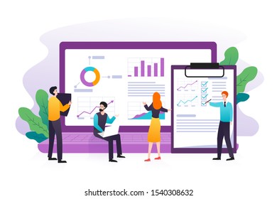 Modern flat concept of data analysis, Seo analysis, big data research and website analytics with business people illustration