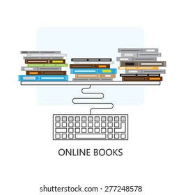 Modern flat concept design on online books and computer keyboard | Creative illustration on e-learning process featuring books and computer keyboard, top view