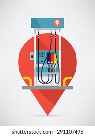 Modern flat concept design on gas station location with gas pump on red location pin isolated