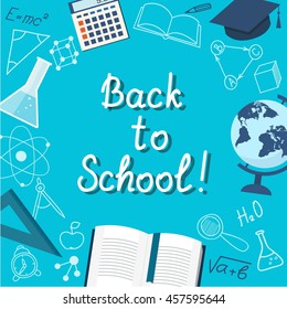 Modern flat concept for education time with text Back to school, colorful icons and hand drawn symbols on the blue background - eps 10