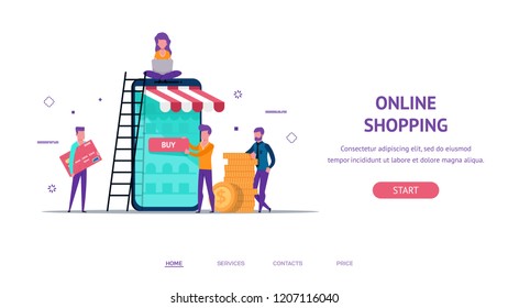 Modern flat concept for online shop payment web landing with little people creating shop. buy button. holding money and credit card. Online,  payment.vector isolated objects and people.