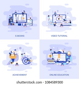 Modern flat concept web banner of Video Tutorial, Achievement, Online Education and E Books with decorated small people character. Conceptual vector illustration for web and graphic design, marketing.