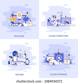 Modern flat concept web banner of Testing, Solution, Cloud Computing and Cloud Storage with decorated small people character. Conceptual vector illustration for web and graphic design, marketing.