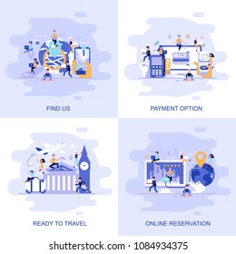 Modern Flat Concept Web Banner Of Find Us, Online Reservation, Payment Option And Ready To Travel With Decorated Small People Character. Conceptual Vector Illustration For Web And Graphic Design.