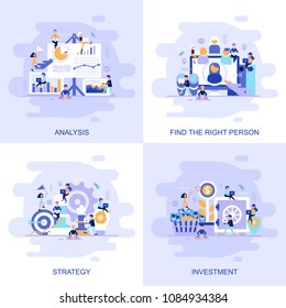 Modern flat concept web banner of Investment, Strategy, Analysis and Find the Right Person with decorated small people character. Conceptual vector illustration for web and graphic design, marketing.