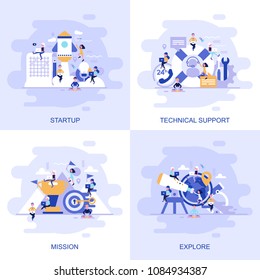 Modern flat concept web banner of Technical Support, Mission, Explore and Startup with decorated small people character. Conceptual vector illustration for web and graphic design, marketing.